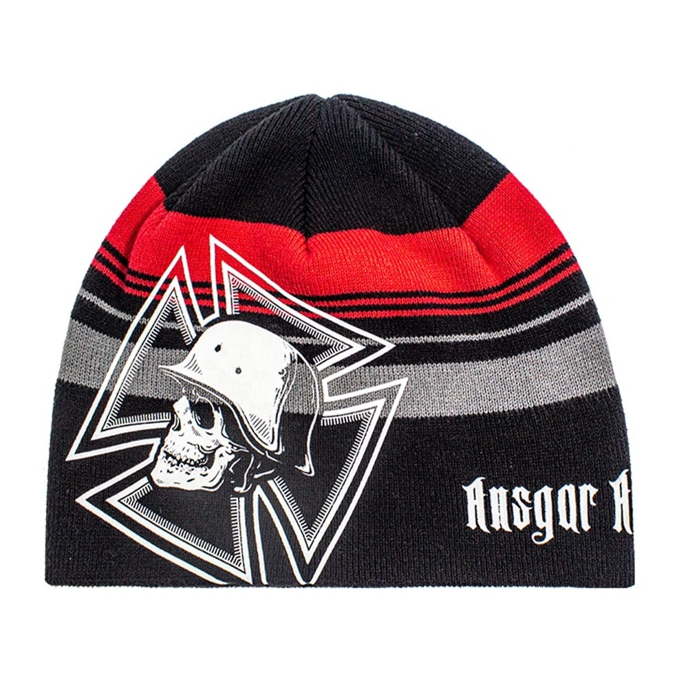 Rubber Custom Print Knitted Winter Ski Fitted Black Cotton Beanies with Logo Robber embroidery Rolled Hobo Beanie Hat