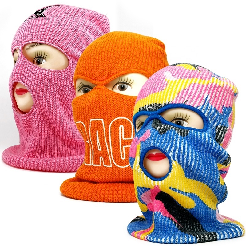 Wholesale Knitted Full Face Mask, 1 2 3 Hole Custom Designer Ski Mask with Embroidery Logo Vendors Wool 3 Hole Skimask Balaclava