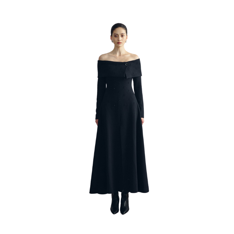 New Arrival Women Dress Design LYNNE OFF THE SHOULDER DRESS With Beading Decorated Good Quality Cotton Blend Jersey Fabric