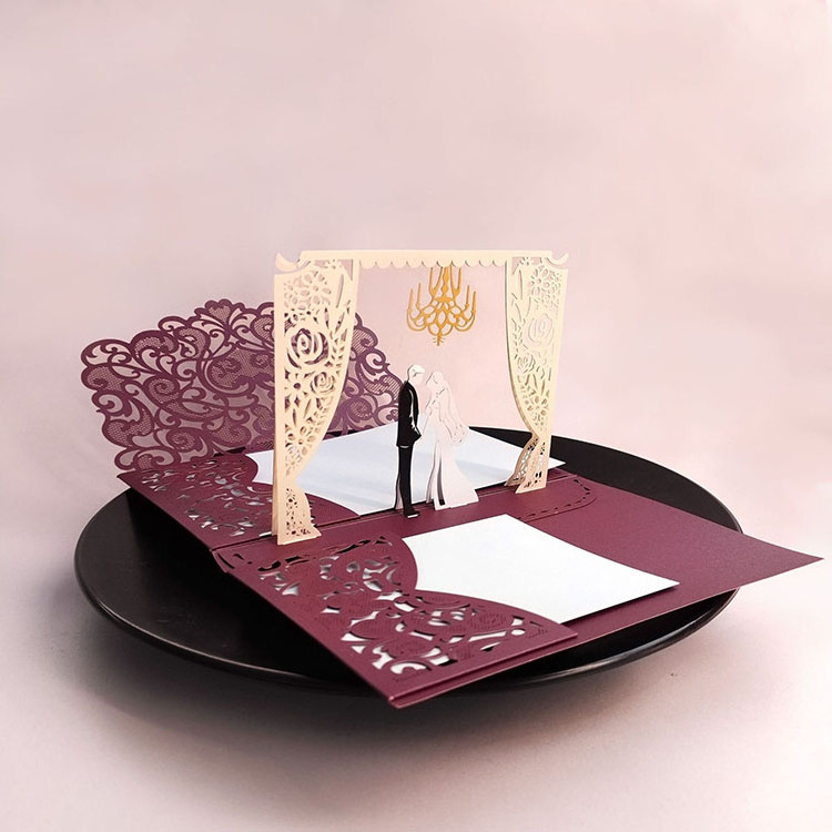 Factory Custom 3D Wedding Stage Pop Up Laser Cut Wedding Cards Designs Invitation