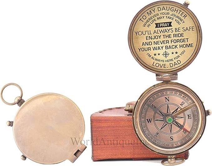 Hot Selling Quality Product Brass Sundial Compass Unique Gift for Men with Leather Case and Chain Push Open Compass Vintage