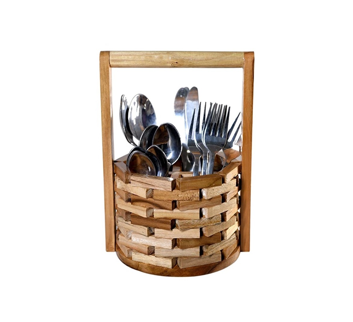 Trending Design 2024 Wood Cutlery Holder For Cutlery And Utensils Holder New Wooden Cutlery In New Style Caddy With Metal Handle