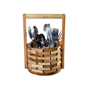 Trending Design 2024 Wood Cutlery Holder For Cutlery And Utensils Holder New Wooden Cutlery In New Style Caddy With Metal Handle