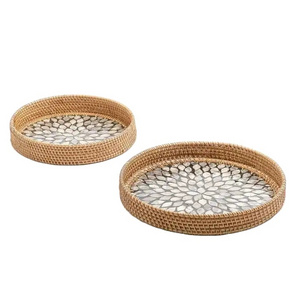 Food Dessert Rattan Wooden Serving Tray With Bone Inlay Finishing Rounded Shape Unique Style Cafe Kitchen Server Usage