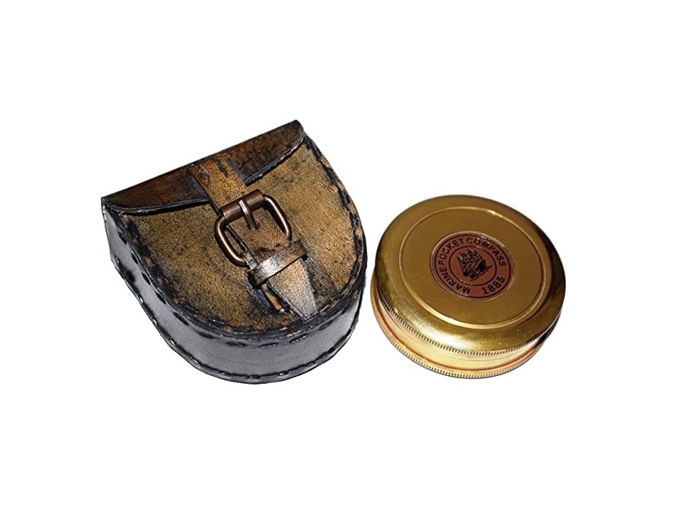 Hot Selling Quality Product Brass Sundial Compass Unique Gift for Men with Leather Case and Chain Push Open Compass Vintage