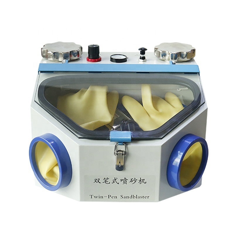 2 Pen + 2 Tanks Dental Lab Sandblaster LED Light and Large View Window Sandblasting Machine with Foot Pedal Control