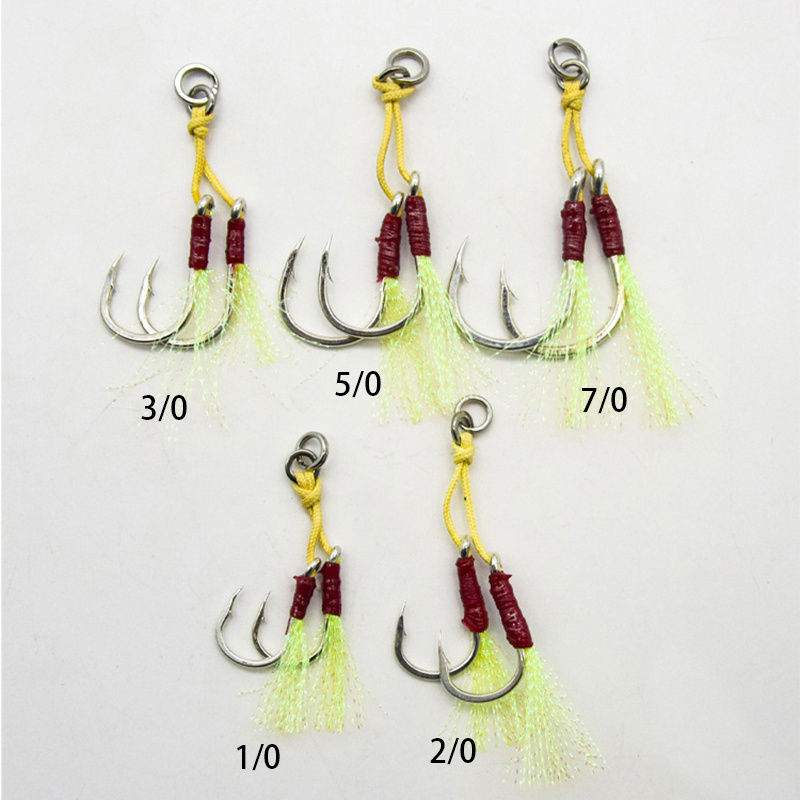 1/0 2/0 3/0 5/0 7/0 Fiber Rope Flasher Shore Jigging Assist Hooks Double Assist Jig Fishing Hooks Jig Lure Hook