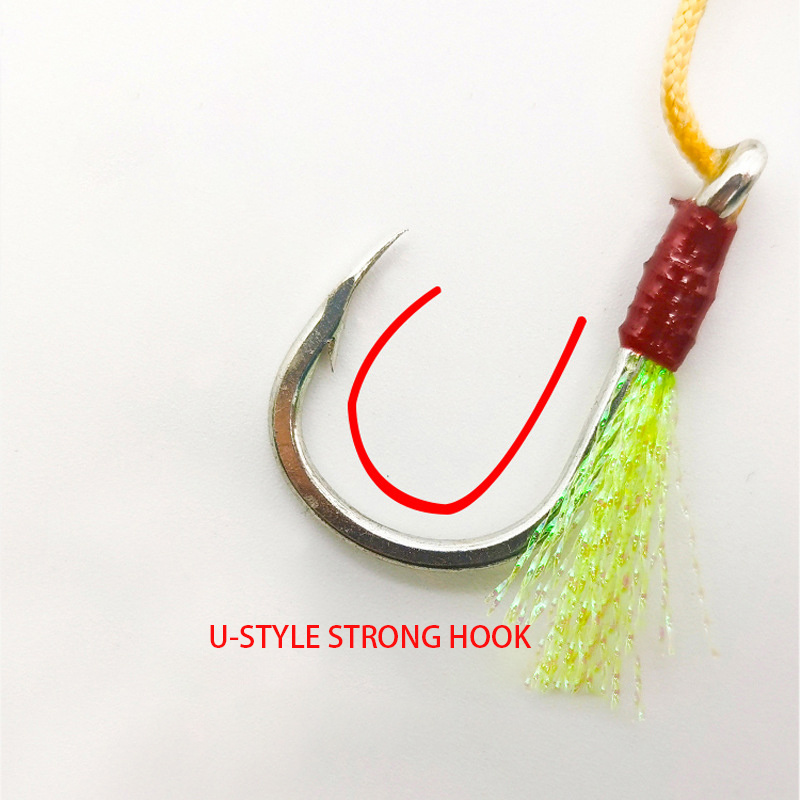 1/0 2/0 3/0 5/0 7/0 Fiber Rope Flasher Shore Jigging Assist Hooks Double Assist Jig Fishing Hooks Jig Lure Hook