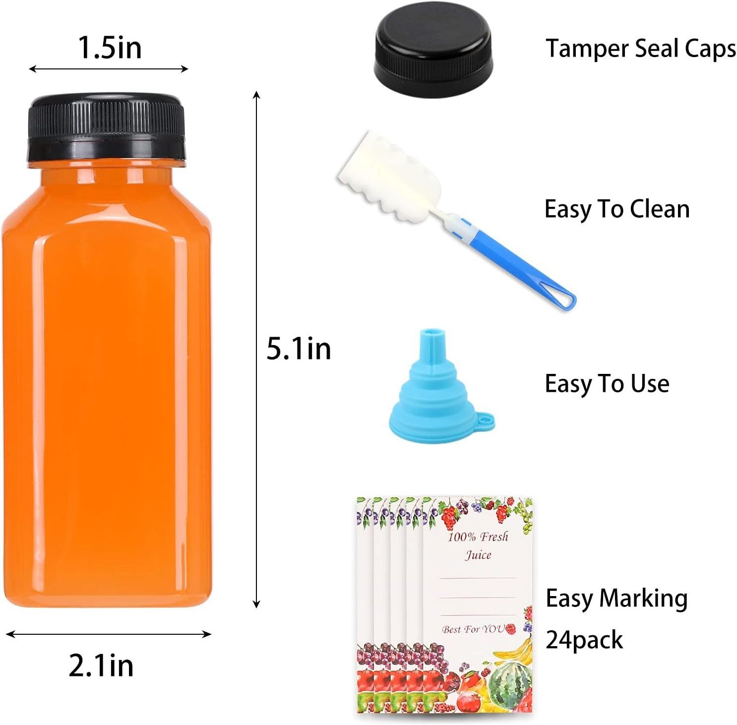 12oz 350ml Empty Plastic Juice Reusable Water Bottles with Caps Clear Bulk Drink Containers with Black Tamper Evident Lids