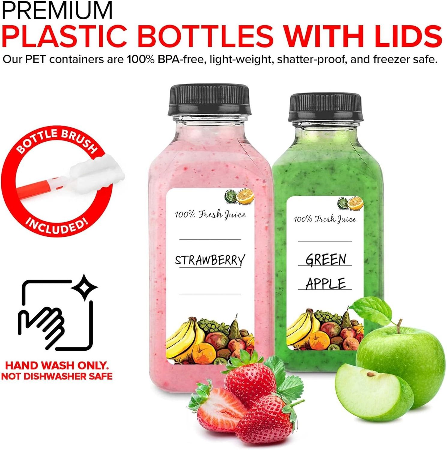 12oz 350ml Empty Plastic Juice Reusable Water Bottles with Caps Clear Bulk Drink Containers with Black Tamper Evident Lids