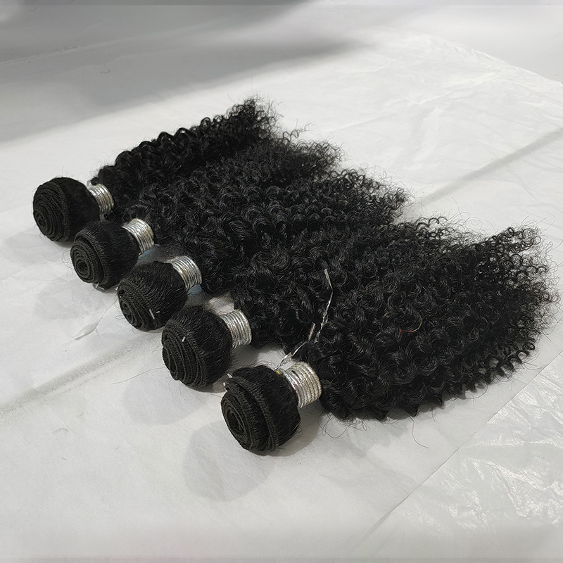 Cheap price Apple Girl 7a grade natural black color Kinky curly  human hair bundles with 4*4 T part lace closure For women