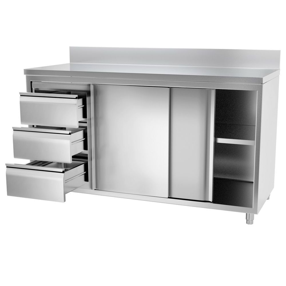 Stainless Steel kitchen Work cabinet  with double-walled sliding doors 3 drawers and upstand