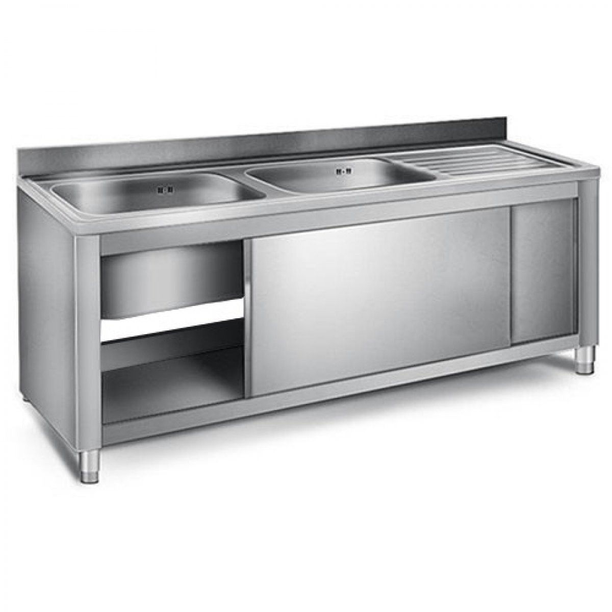 Stainless Steel kitchen Work cabinet  with double-walled sliding doors 3 drawers and upstand