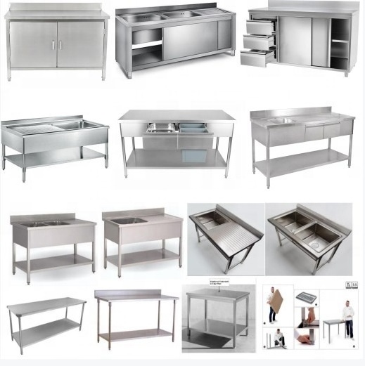 Stainless Steel kitchen Work cabinet  with double-walled sliding doors 3 drawers and upstand