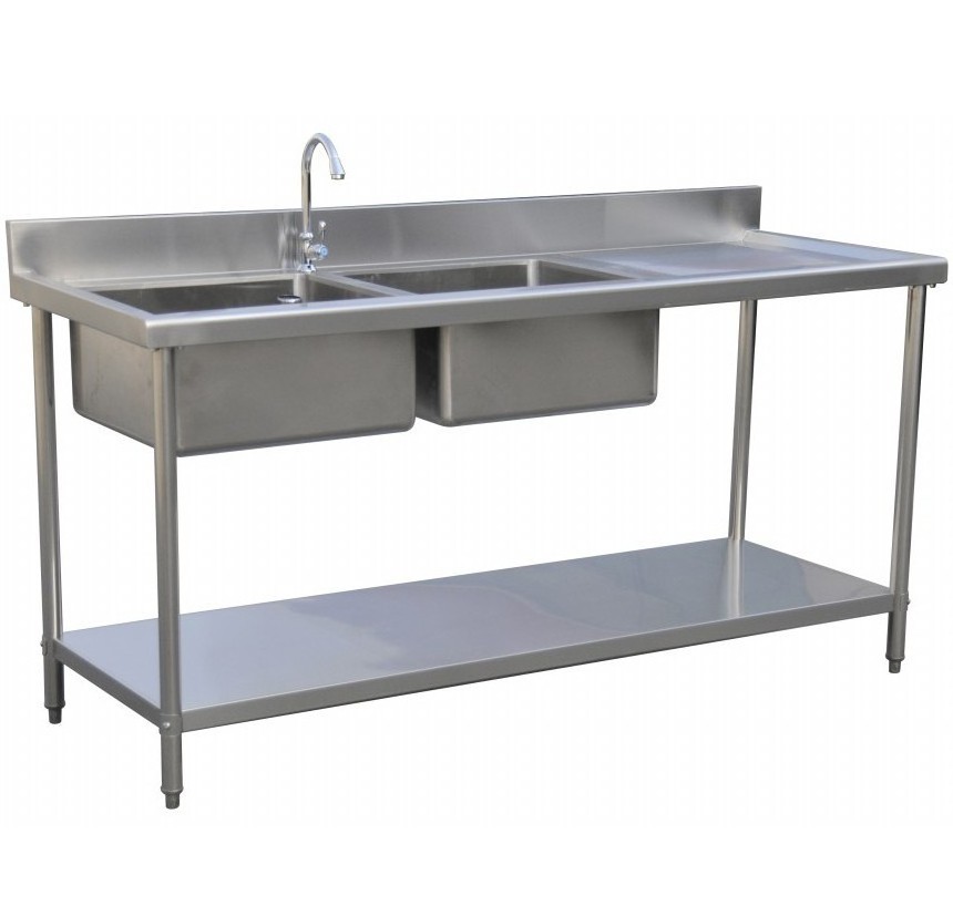 Stainless Steel Sink Kitchen Waste Collection Work Table with Double Sink Bench