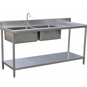 Stainless Steel Sink Kitchen Waste Collection Work Table with Double Sink Bench