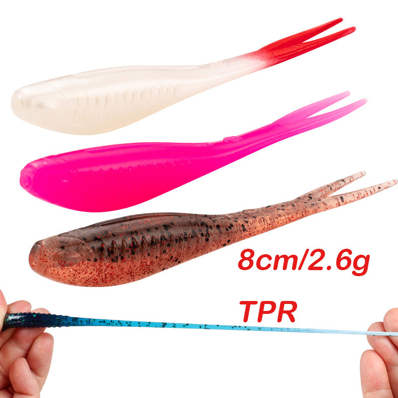 New Arrival 8cm 2.6g  6pcs/bag TPR Soft Bait Worm Split Tail Floating Fishing Baits Forked Fish Swim lures