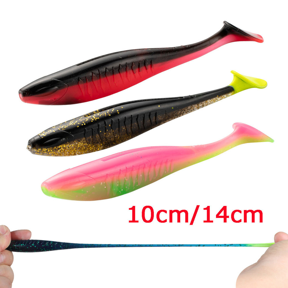 Hot Selling  Wholesale 4pcs 5pcs 10mm/14mm TPE Floating Soft Fish T-tailed Shad Elastic Paddle Artificial Bait Lures Swim Baits