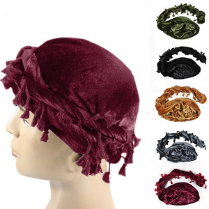 New Arrival Velvet Tassels Turban Muslim Hijab Men Turban Head Wrap Satin Lined Head Scarf Hat For Men