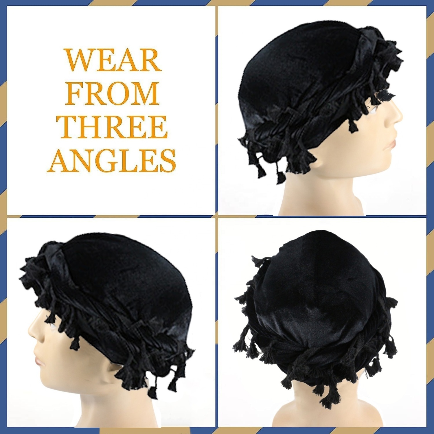 New Arrival Velvet Tassels Turban Muslim Hijab Men Turban Head Wrap Satin Lined Head Scarf Hat For Men