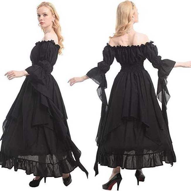 Europe and American Carnival Costume  Fashion Medieval Halloween Cosplay Revival Dress Bundle Waist Court Style Long Dress