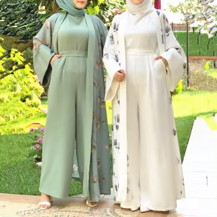 New Top Best Selling 2pcs sets Arabic Supplier Long Sleeve Ladies Islamic Clothing Abaya Muslim Women Dress with Jumpsuits