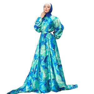 Satin new Abaya digital printed long sleeves maxi kaftan Dubai Women modest dresses Floral Flower Maxi Dress Abaya Turkey Abay