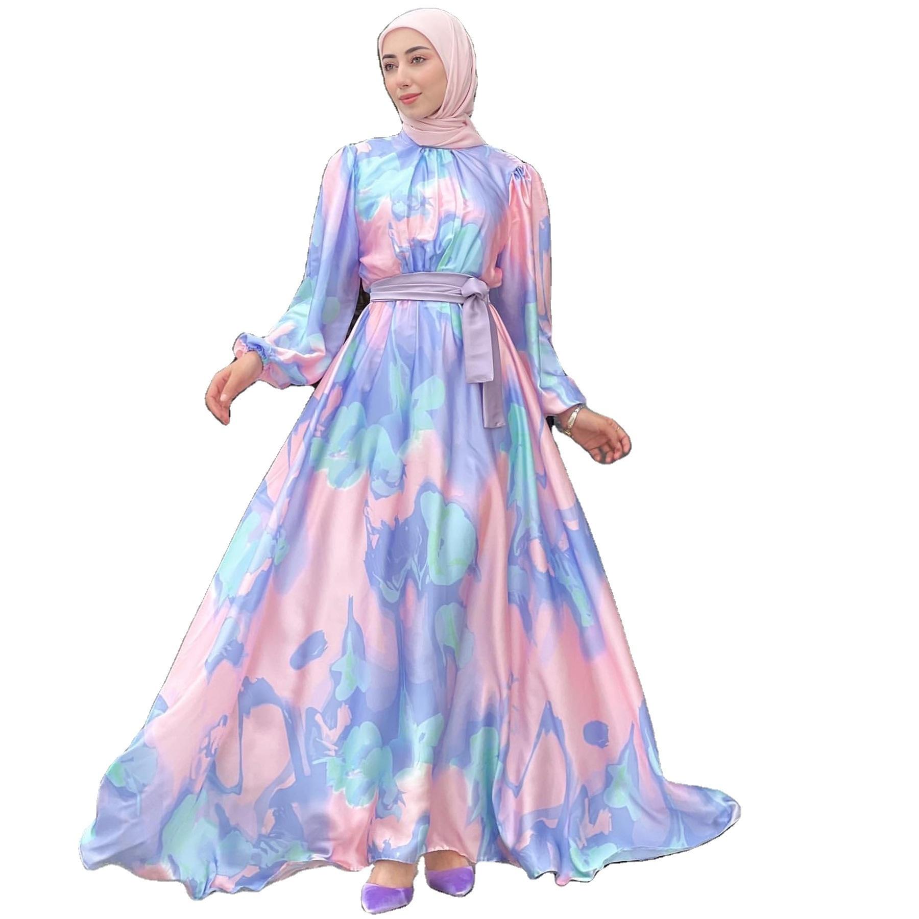 Satin new Abaya digital printed long sleeves maxi kaftan Dubai Women modest dresses Floral Flower Maxi Dress Abaya Turkey Abay