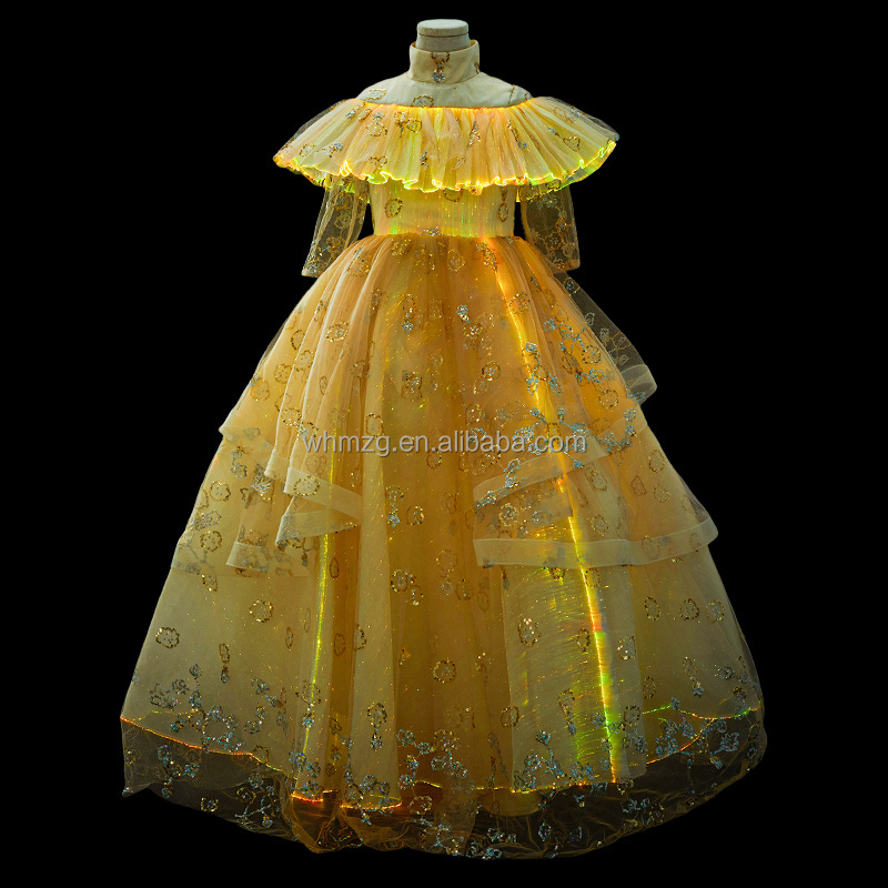 Off-the-shoulder Yellow Princess Gauzy Dress  Fiber Opitc Costume Of Girls Glow In Dark In Feast Birthday Dancing Party Wear