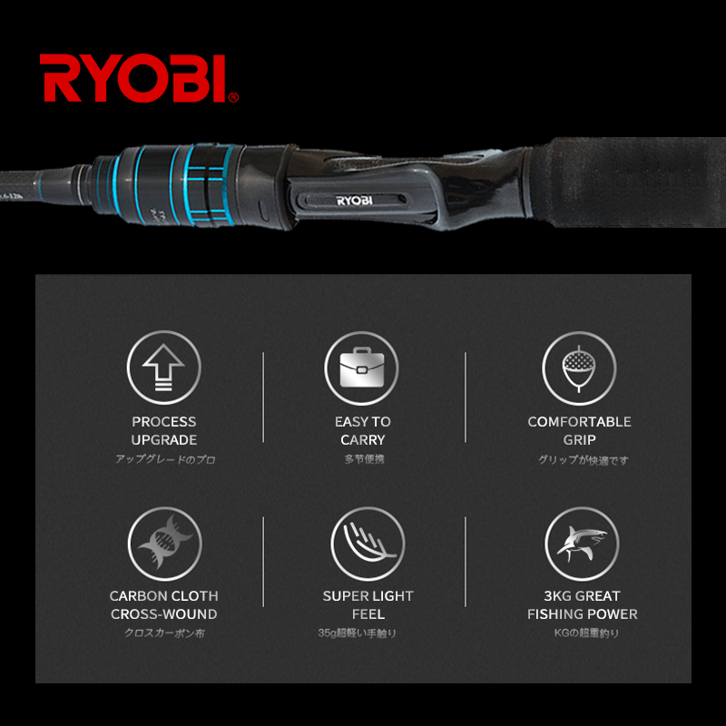 RYOBI 4-section Portable Fishing Rod Telescopic Ultralight Carbon Travel Rod Spinning Casting Fishing Rods 1.8m 2.1m 2.4m M/L