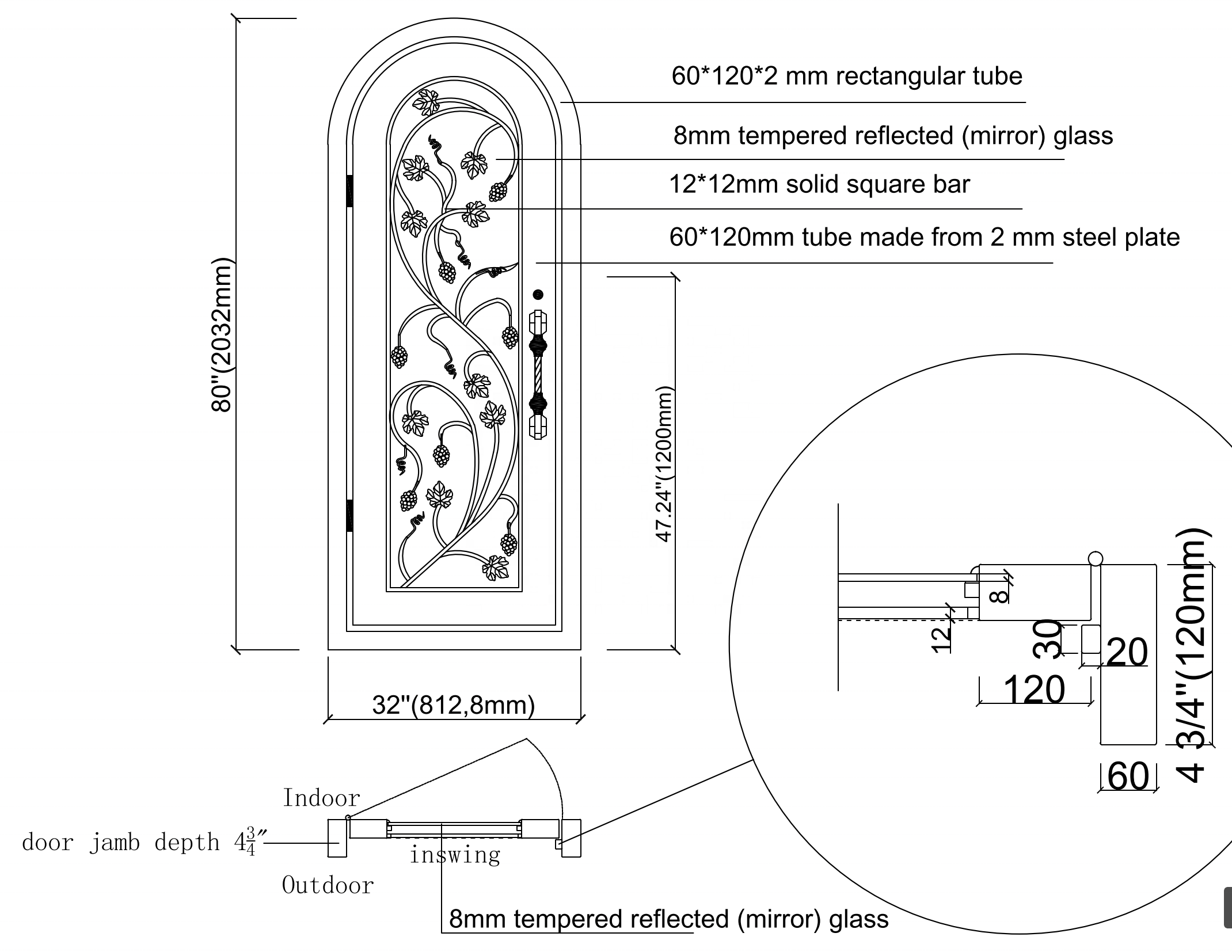 Arched top wrought iron single swing doors iron exterior entrance doors wine cellar doors