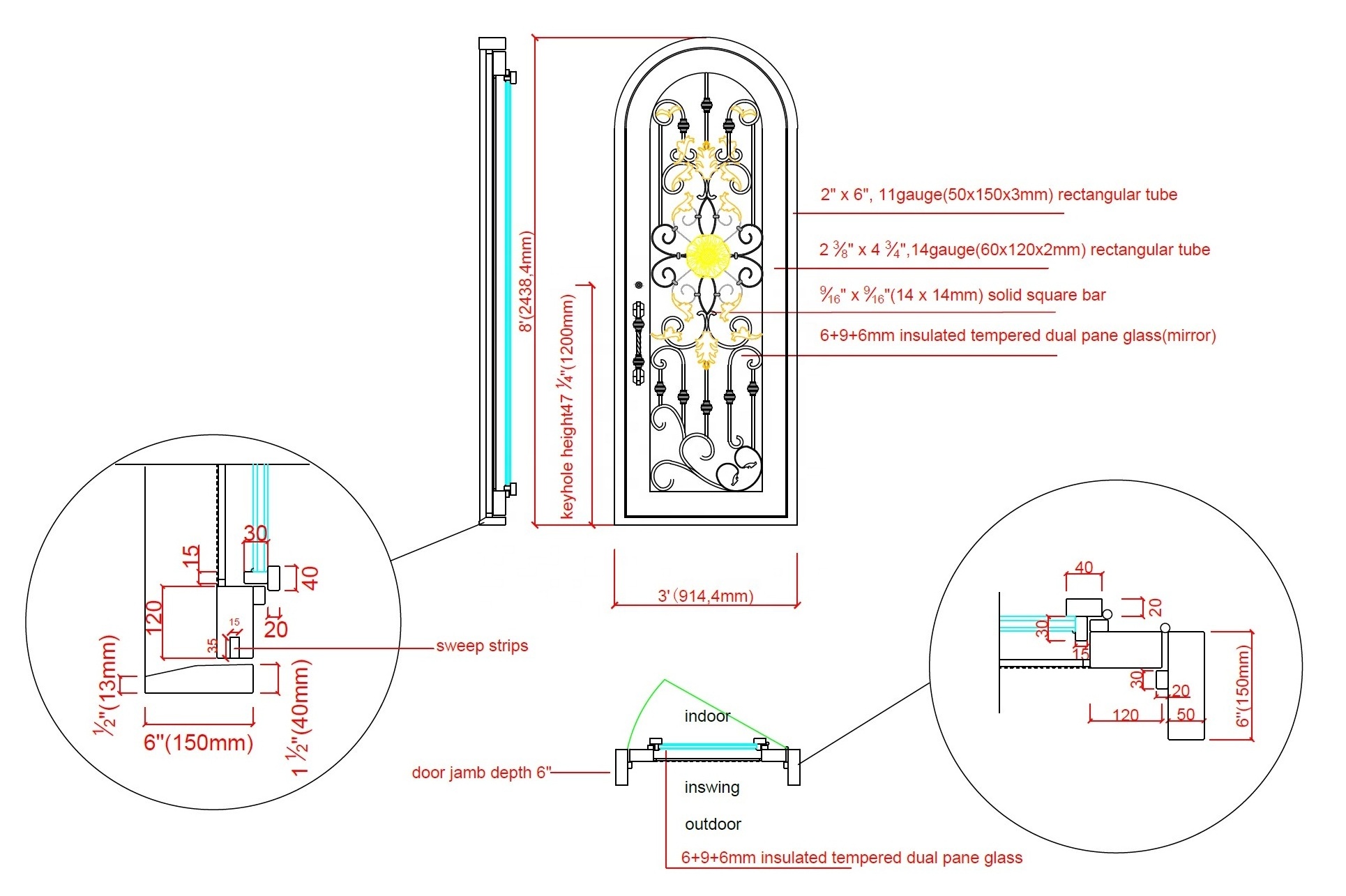 Arched top wrought iron single swing doors iron exterior entrance doors wine cellar doors