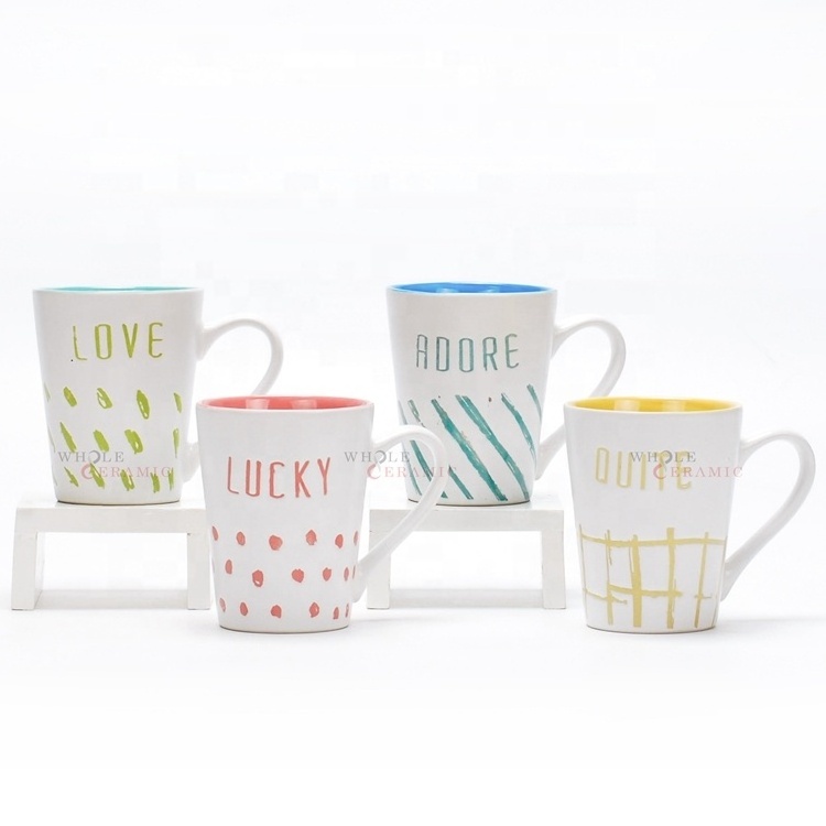 New Bone China Ceramic Mug with Colorful Geometric Patterns Lines and Shapes Decal Printed 12Oz Coffee Mug Plain White