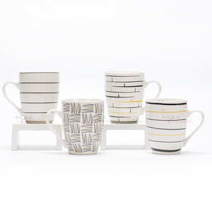 New Bone China Ceramic Mug with Colorful Geometric Patterns Lines and Shapes Decal Printed 12Oz Coffee Mug Plain White