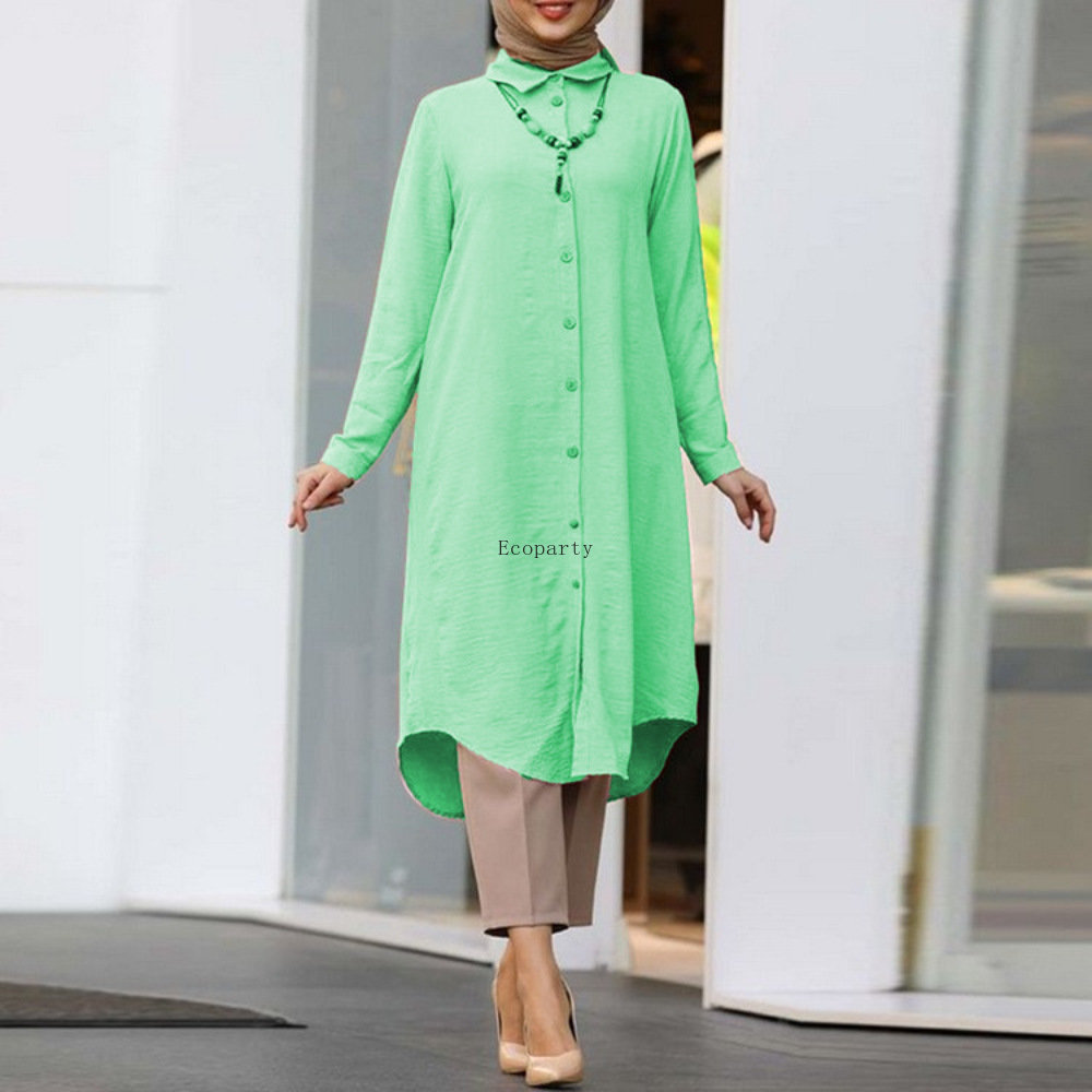 2023  Middle East Dubai Arab Muslim Women Dress Long Sleeve Button Decoration Loose Dresses Women Muslim Shirt Dress