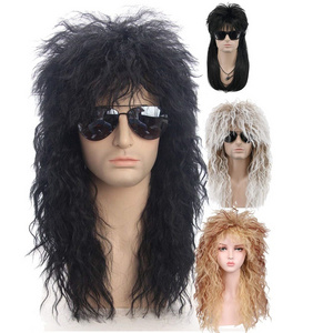 ecowalson Men's Long Straight Hair Synthetic Band Bangs Curly Hair Black 80s Mullet Cosplay Punk Heavy Metal Rock Halloween Wig