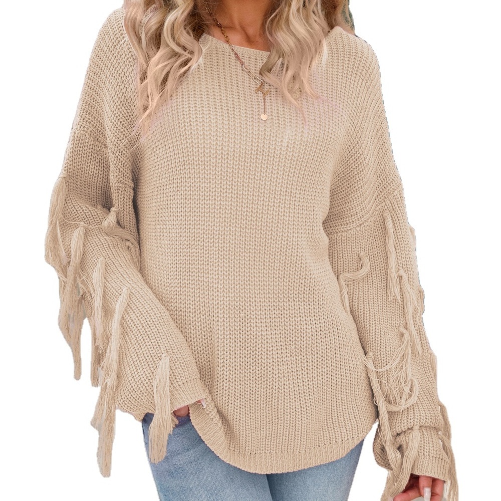 European and American Fashion Womens Crew Neck Loose Oversized Knit Sweater Tassel Flared Sleeve Crochet Pullover Top