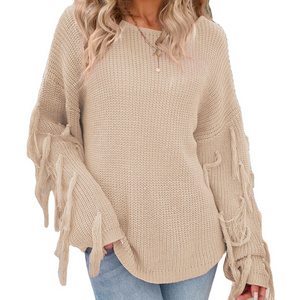 European and American Fashion Womens Crew Neck Loose Oversized Knit Sweater Tassel Flared Sleeve Crochet Pullover Top