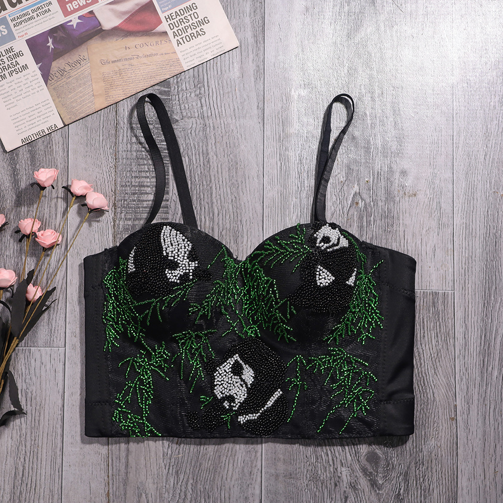 Women Bustier Black Green Diamond Panda Crops Tops Push Up Night Club Bralette Women's Bra Cropped Top