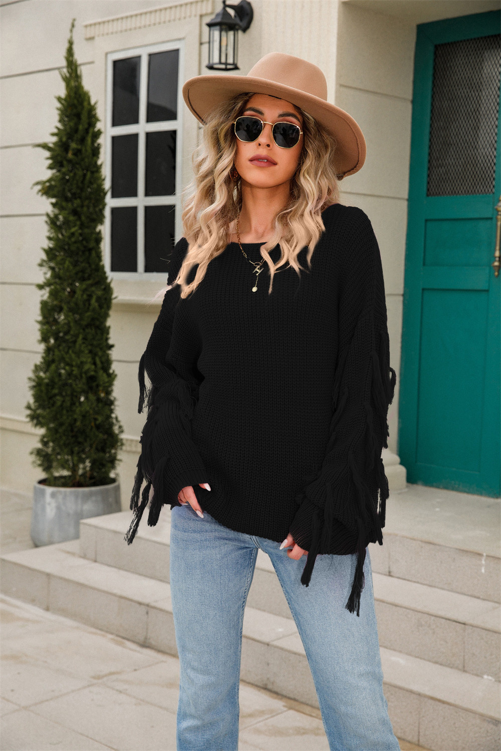 European and American Fashion Womens Crew Neck Loose Oversized Knit Sweater Tassel Flared Sleeve Crochet Pullover Top