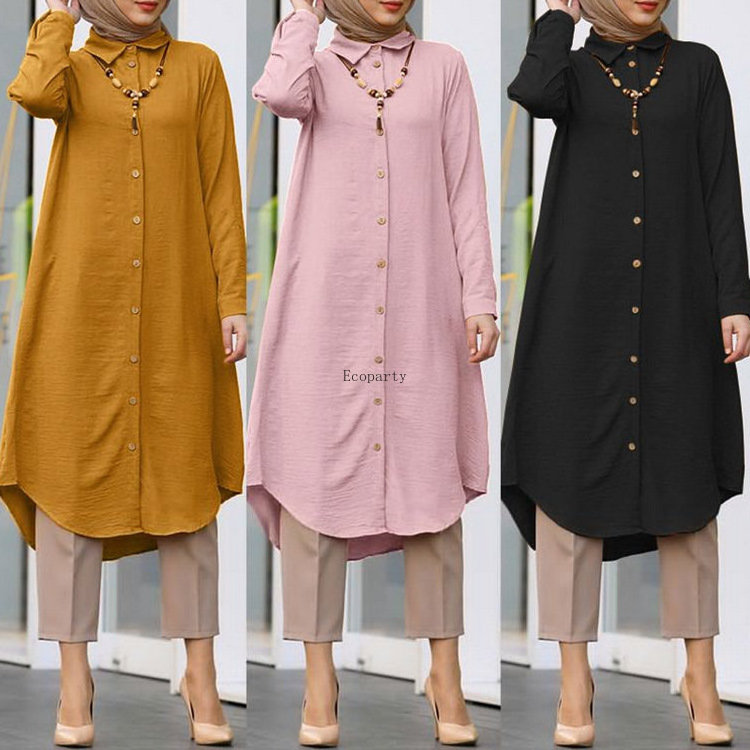 2023  Middle East Dubai Arab Muslim Women Dress Long Sleeve Button Decoration Loose Dresses Women Muslim Shirt Dress