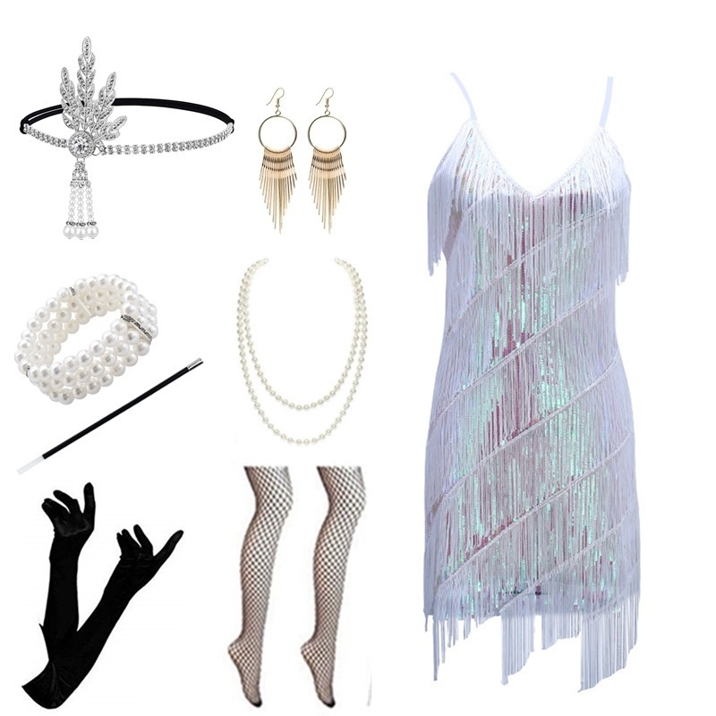 Women Costumes 1920s Great Gatsby Fringed Paisley Flapper Dress with 20s Accessories Set Sexy Party Bodycon  Vestido