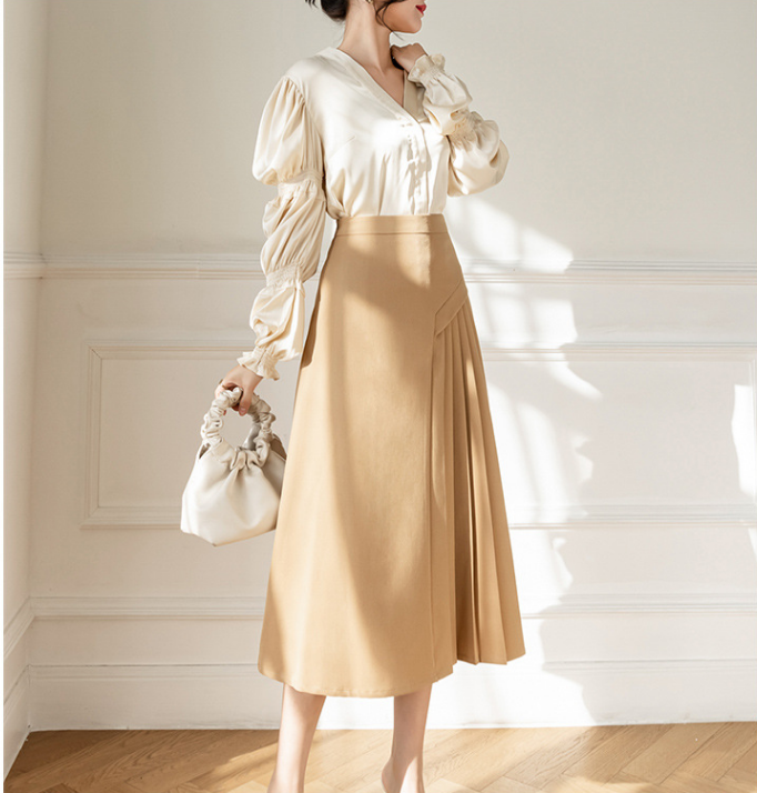 Korean Style Office Lady Asymmetrical Pleated A-line Skirt  Women Spring and Autumn Elegant Solid All-match Midi Casual Skirt