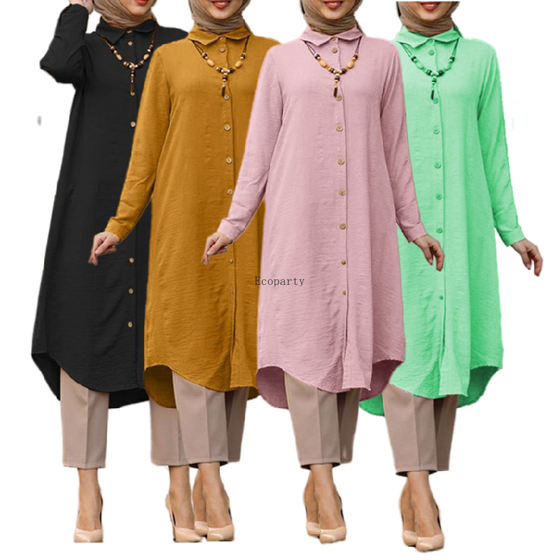 2023  Middle East Dubai Arab Muslim Women Dress Long Sleeve Button Decoration Loose Dresses Women Muslim Shirt Dress