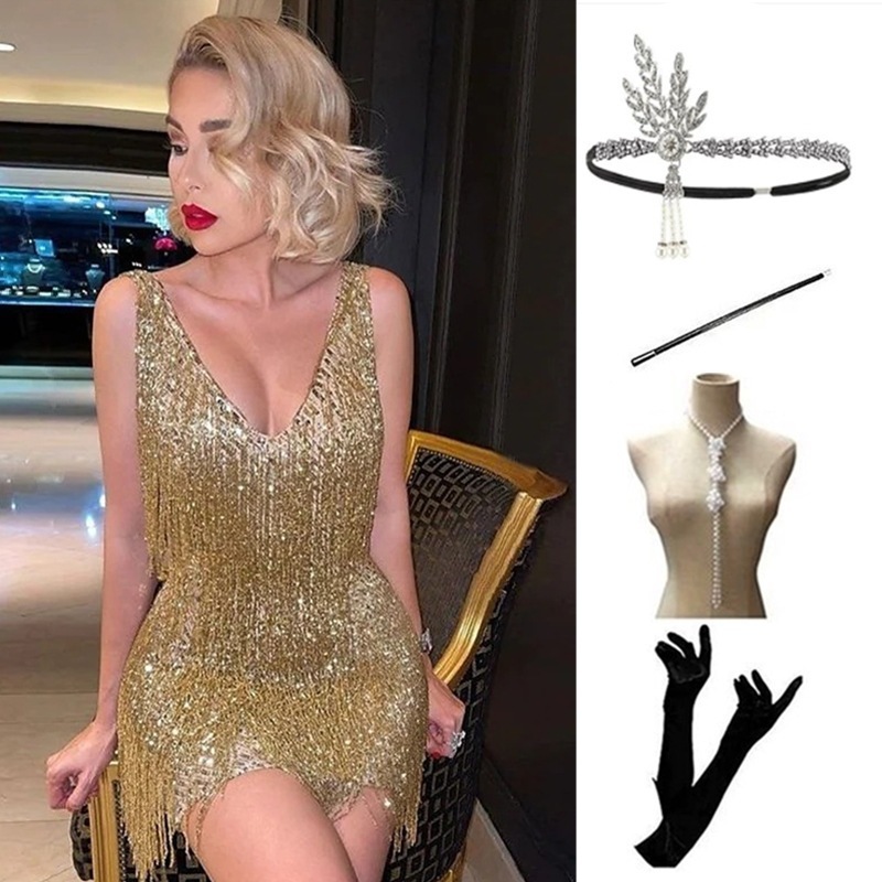 1920s vintage sequin Party dinner cocktail dress Fringe dress dress beaded women's suit