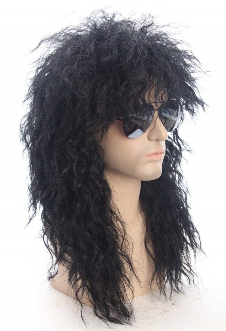 ecowalson Men's Long Straight Hair Synthetic Band Bangs Curly Hair Black 80s Mullet Cosplay Punk Heavy Metal Rock Halloween Wig