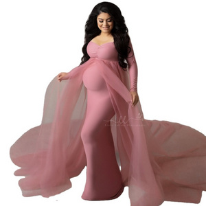 Summer Maternity Tulle Long Dresses Baby Shower Dress Stretchy Pregnancy Photography Dress with Cape Long Train