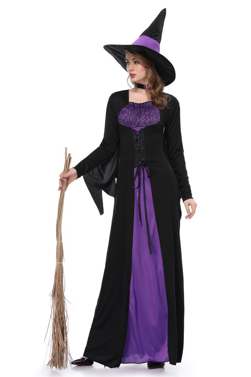 Halloween Witch Vampire Costumes for Women Adult Scary Purple Carnival Party Performance Drama Masquerade Clothing with Hat