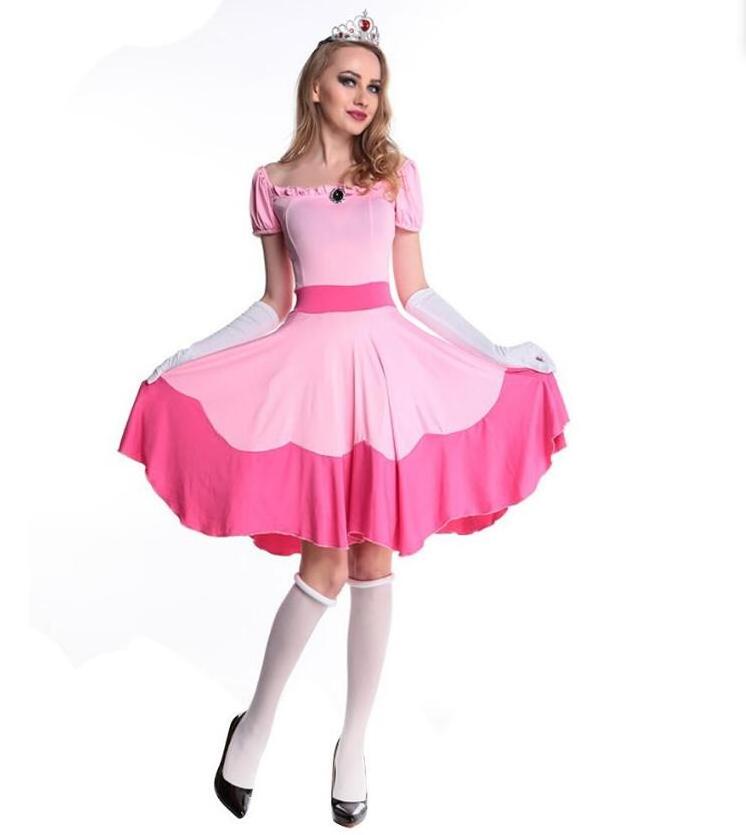 ecowalson Halloween Costume For Women Super Mario Brothers Princess Peach Cosplay Dress Glov Crown Sweet Pink Suit