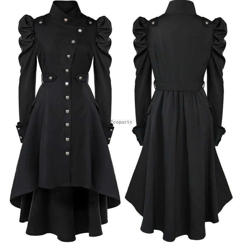 Women Vintage Button Up Dress Puff Sleeves Steampunk Cosplay Jacket Slim fit Retro Lady Long Victorian Gothic Halloween Costume